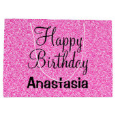 Glamハッピーバースデーホットピンクグリッタースパークル名 ラージペーパーバッグ (裏面)