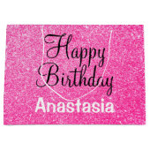 Glamハッピーバースデーホットピンクグリッタースパークル名 ラージペーパーバッグ (正面)