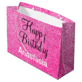 Glamハッピーバースデーホットピンクグリッタースパークル名 ラージペーパーバッグ (裏面アングル)