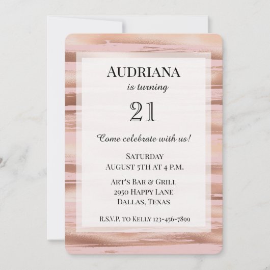 Glamバラ金ゴールド赤面ストライプ誕生日 招待状 (正面)