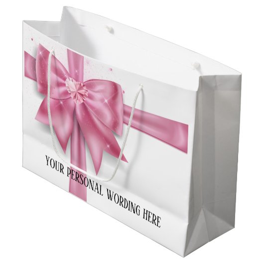 Glamビッグピンクサテンギフトボウダイヤモンドハートグリッター ラージペーパーバッグ (正面アングル)