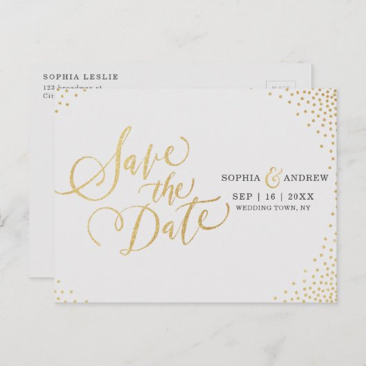 Glamフェイク金ゴールドグリッター書の日付を保存 案内ポストカード (正面/裏面)