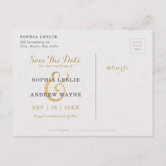 Glamフェイク金ゴールドグリッター書の日付を保存 案内ポストカード (裏面)