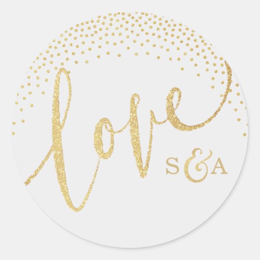 Glamフェイク金ゴールドグリッター書道ラブモノグラム ラウンドシール (正面)