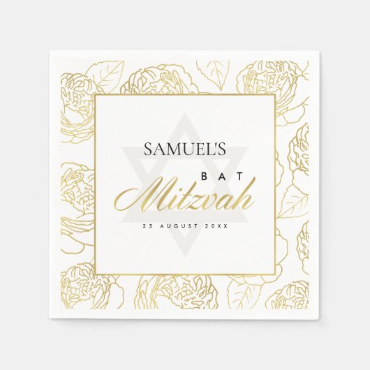 GLAMフェイク金ゴールドホワイトローズフローラバーバルミツワー スタンダードカクテルナプキン (正面)