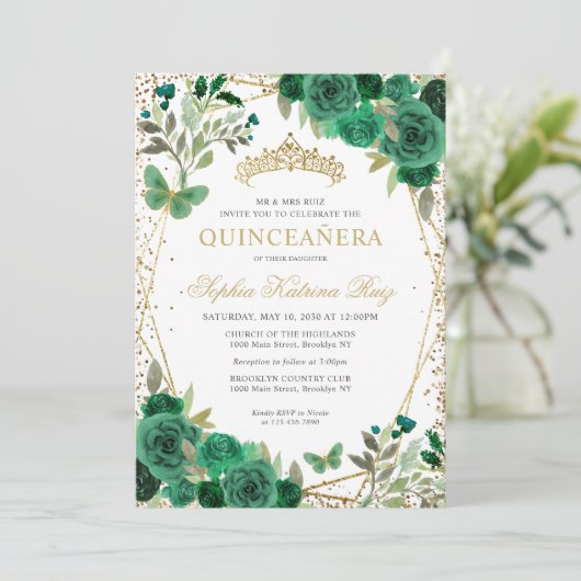 Glamフローラエメラルドグリーン金ゴールドQRコードキンセアニラ 招待状 (スタンド正面)