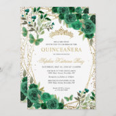 Glamフローラエメラルドグリーン金ゴールドQRコードキンセアニラ 招待状 (正面/裏面)