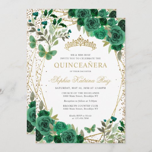 Glamフローラエメラルドグリーン金ゴールドQRコードキンセアニラ 招待状 (正面/裏面)