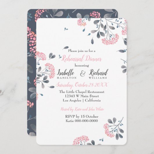 Glamフローラピンクウォーターカラーリハーサルディナー 招待状 (正面/裏面)