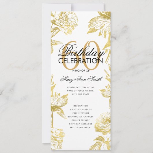 Glamフローラ60誕生日プログラム金ゴールドメニュー 招待状 (正面)