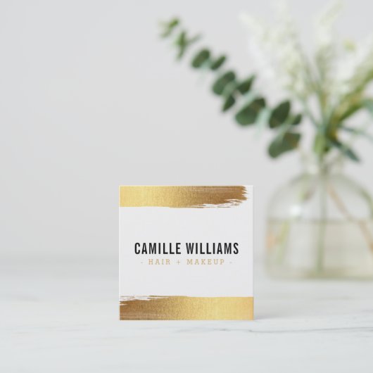 GLAMミニマリスト高級フェイク金ゴールド箔ブラシストローク スクエア名刺 (スタンド正面)