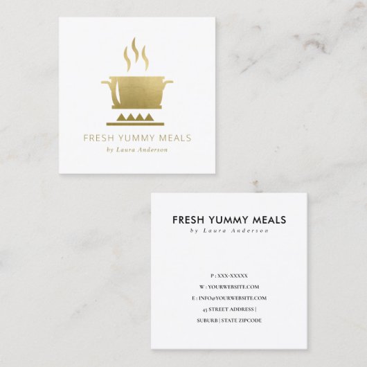 GLAMミニマル金ゴールドフェイクポット料理人ケータリング スクエア名刺 (正面/裏面)
