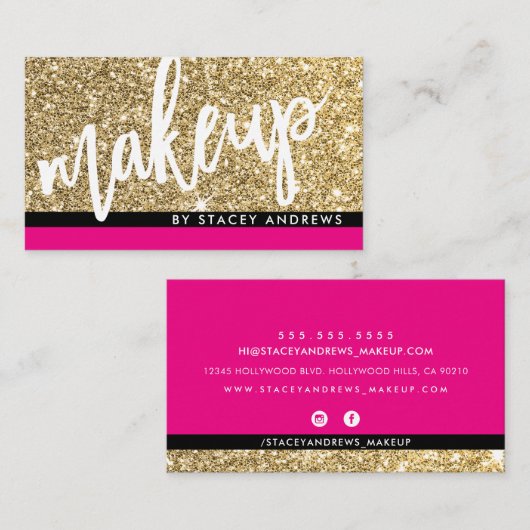 GLAMメイクアップ可愛いブラシのレタス金ゴールドグリッターピンク 名刺 (正面/裏面)