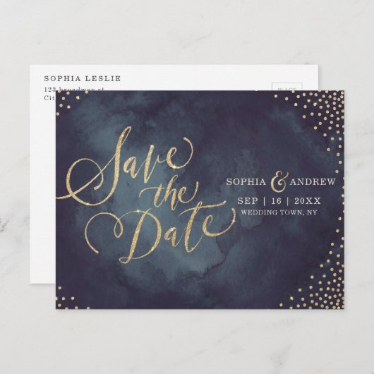 glamモダン金ゴールドグリッター書記日時を保存 案内ポストカード (正面/裏面)