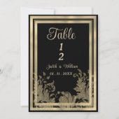 Glamヴィンテージブラック金ゴールドレースフローラテーブル番号 招待状 (正面)