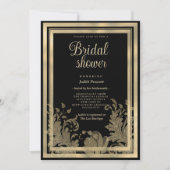 Glamヴィンテージブラック金ゴールドレースフローラブライダルシャワー 招待状 (正面)
