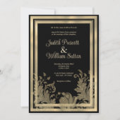 Glamヴィンテージブラック金ゴールドレース結婚フローラ 招待状 (正面)