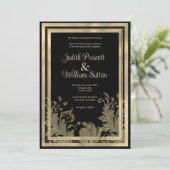 Glamヴィンテージブラック金ゴールドレース結婚フローラ 招待状 (スタンド正面)