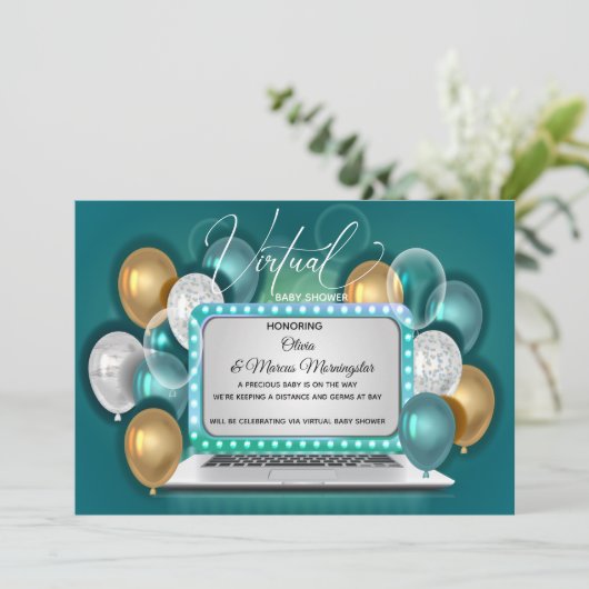 Glam仮想モダン男の赤ちゃんシャワーティール（緑がかった色） 招待状 (スタンド正面)
