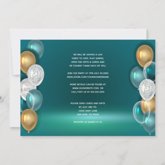 Glam仮想モダン男の赤ちゃんシャワーティール(緑がかった色) 招待状 (裏面)