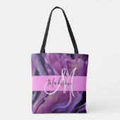 Glam抽象芸術パープルきらめくテクスチャピンクモノグラム トートバッグ (裏面)