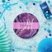 Glam抽象芸術パープルきらめくテクスチャピンクモノグラム ペーパープレート (パーティー)