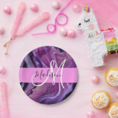 Glam抽象芸術パープルきらめくテクスチャピンクモノグラム ペーパープレート (パーティー)