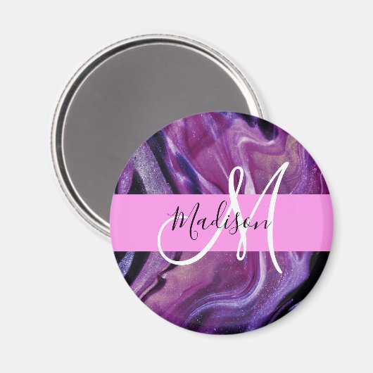 Glam抽象芸術パープルきらめくテクスチャピンクモノグラム マグネット (正面/裏面)