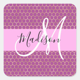 Glam明るい赤紫色メタリックピンクハニカムモノグラム名 スクエアシール