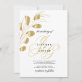 Glam白色金ゴールドモノグラムイニシャルフローラ結婚ズ 招待状 (正面)