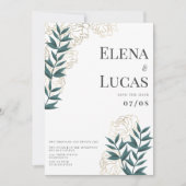 Glam白金ゴールドグリーンピーニー葉結婚フローラ 招待状 (正面)