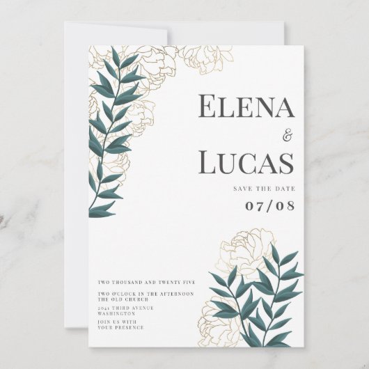 Glam白金ゴールドグリーンピーニー葉結婚フローラ 招待状 (正面)