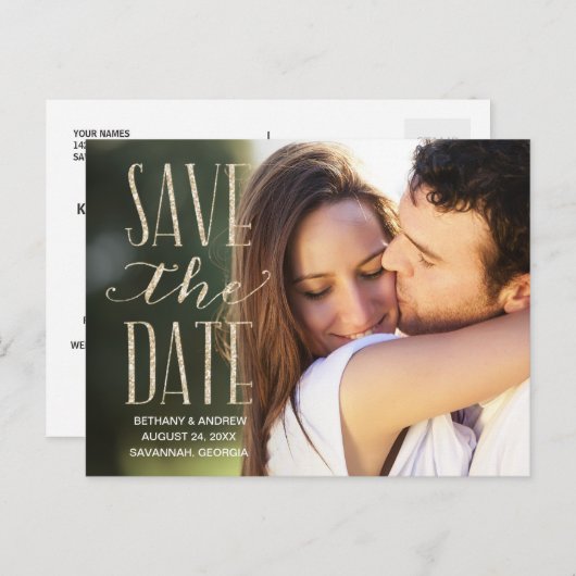 Glam素朴レタリング写真Save the Date 案内ポストカード (正面/裏面)
