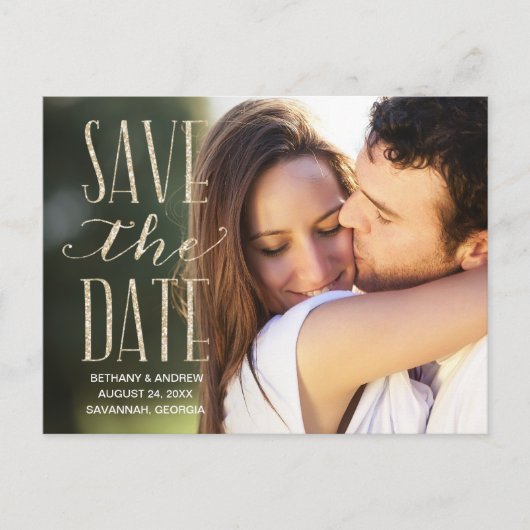 Glam素朴レタリング写真Save the Date 案内ポストカード (正面)