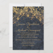 Glam素朴金ゴールドストリングLightsデニムブルー結婚ズ 招待状 (正面)