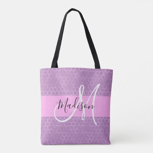 Glam薄紫メタリックピンクハニカムモノグラム名 トートバッグ (裏面)