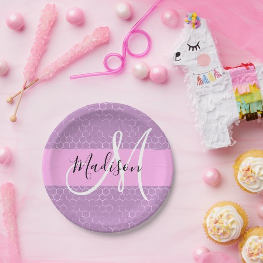 Glam薄紫メタリックピンクハニカムモノグラム名 ペーパープレート (パーティー)