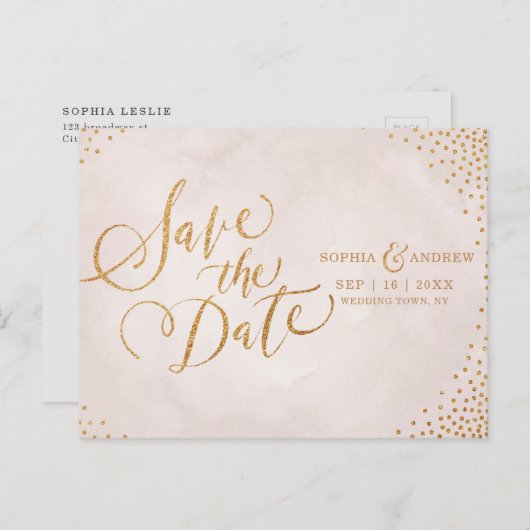 Glam赤面バラ金ゴールド書の日付を保存 案内ポストカード (正面/裏面)