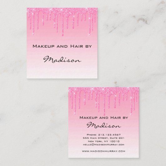 Glam赤面ピンクローズグリッタードリップスメイクアップアーティスト スクエア名刺 (正面/裏面)