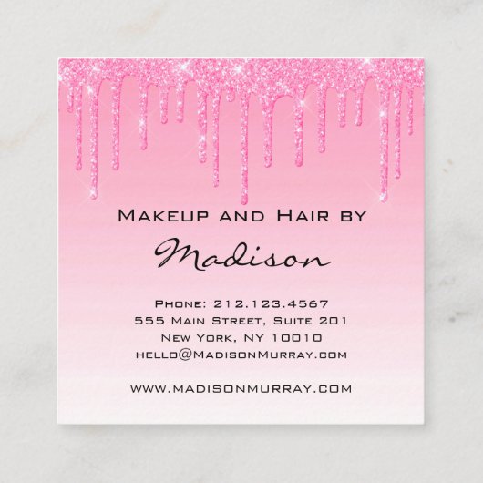 Glam赤面ピンクローズグリッタードリップスメイクアップアーティスト スクエア名刺 (裏面)