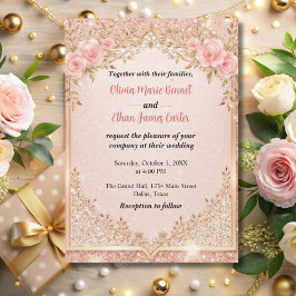 glam赤面ピンク金ゴールドグリッター結婚フローラ 招待状