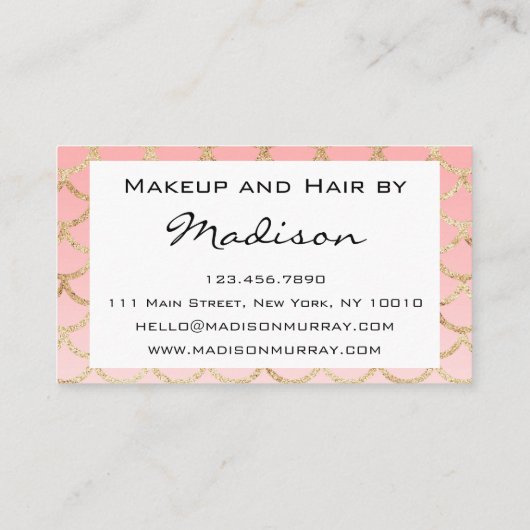 Glam赤面ピンク金ゴールドマーメイドグリッターメイクアップアーティスト 名刺 (裏面)