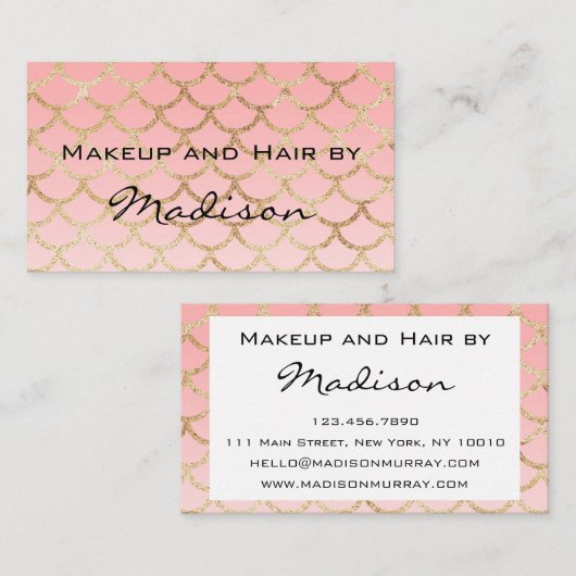 Glam赤面ピンク金ゴールドマーメイドグリッターメイクアップアーティスト 名刺 (正面/裏面)