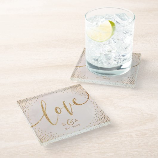 Glam赤面フェイクグリッターバラ金ゴールド書道愛 ガラスコースター (アングル)