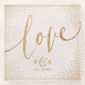 Glam赤面フェイクグリッターバラ金ゴールド書道愛 ガラスコースター (正面)