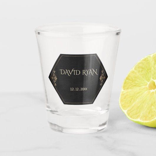 Glam金ゴールドとブラックアールデコモノグラム ショットグラス (正面)