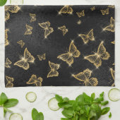 Glam金ゴールドと黒い蝶のパターン キッチンタオル (折り畳み)
