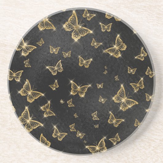 Glam金ゴールドと黒い蝶のパターン コースター (正面)