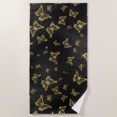 Glam金ゴールドと黒い蝶のパターン ビーチタオル (正面)
