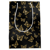 Glam金ゴールドと黒い蝶のパターン ミディアムペーパーバッグ (正面)
